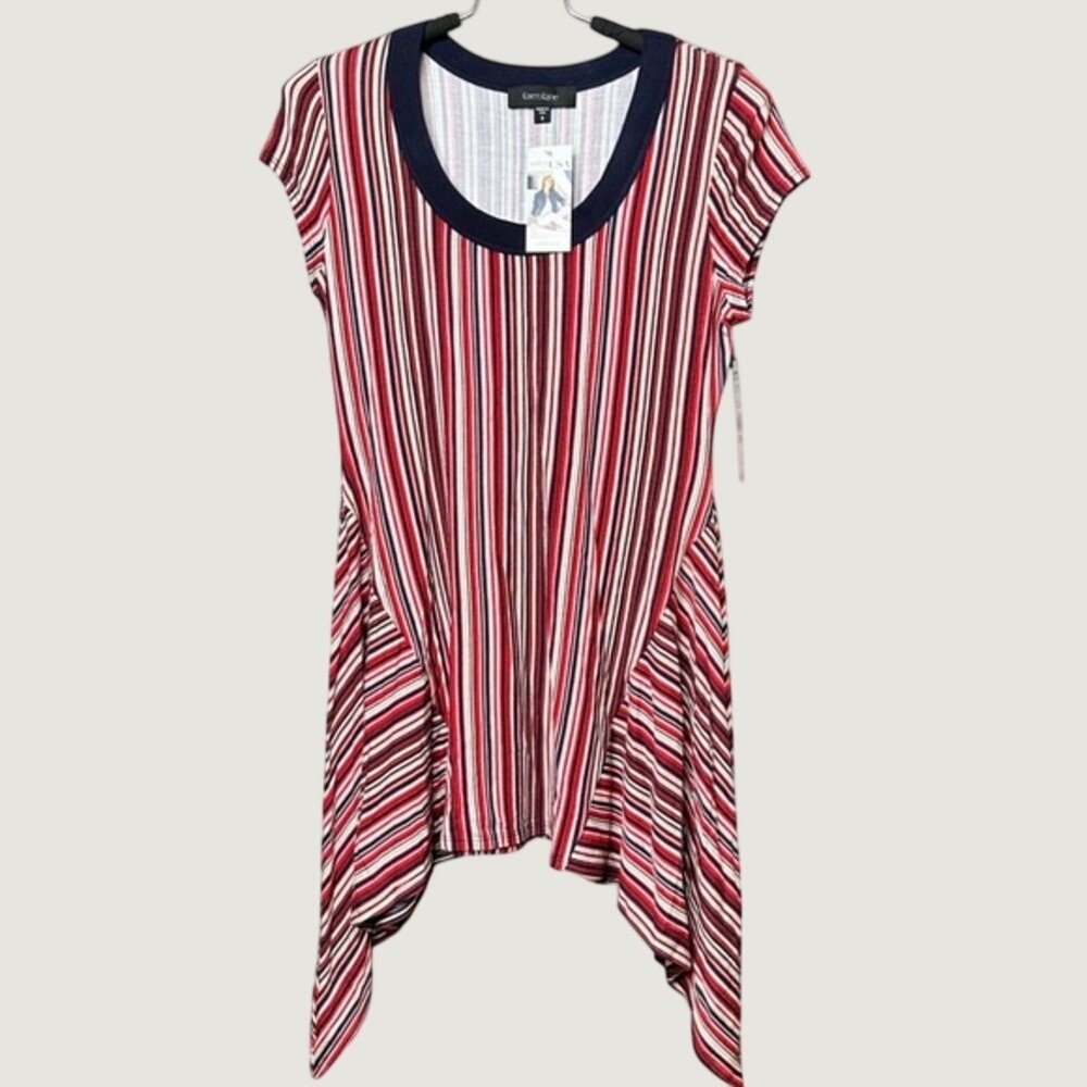 Karen Kane Americana Boardwalk Top Red White Blue Striped Sharkbite Hem Small